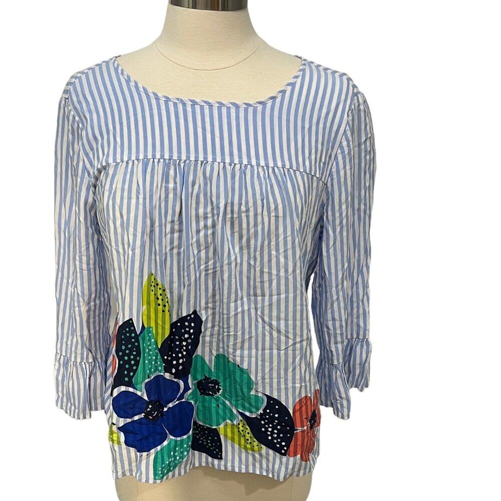 Crown & Ivy Striped Floral Print Ruffle Sleeve Blouse LG